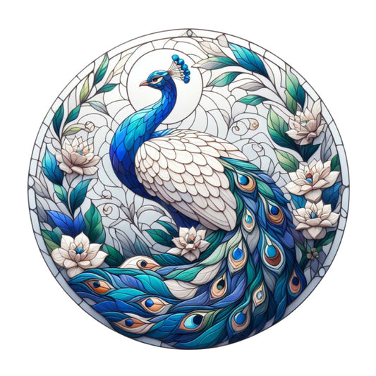 Stained Glass Peacocks Fabric Panel 1 features a vibrant quilted peacock design with blue and green hues on premium cotton.