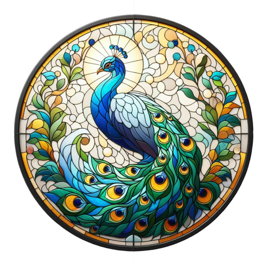Stained Glass Peacocks Fabric Panel 12" showcasing a vibrant peacock design in stained glass style with rich blues and greens.