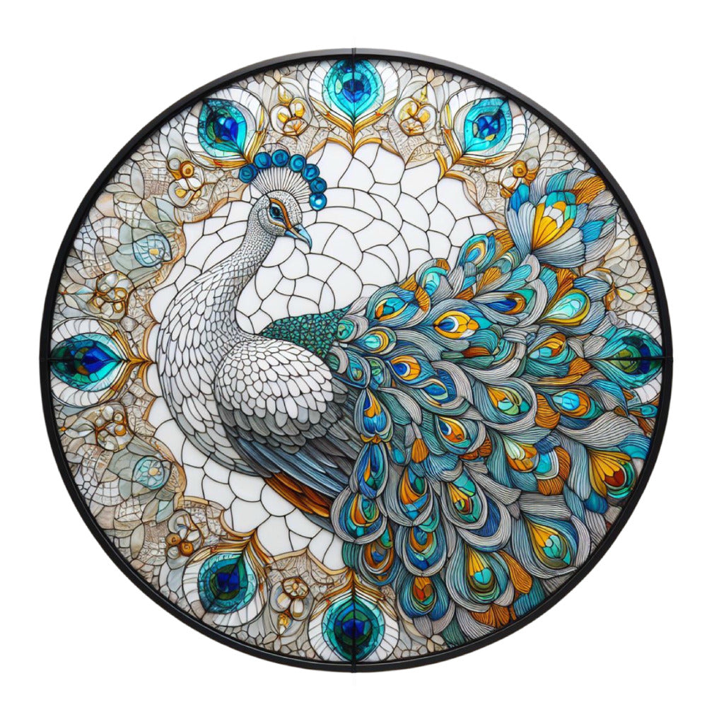 Stained Glass Peacocks Fabric Panel 3 features a detailed peacock design with vibrant blue, teal, and gold quilting cotton hues.