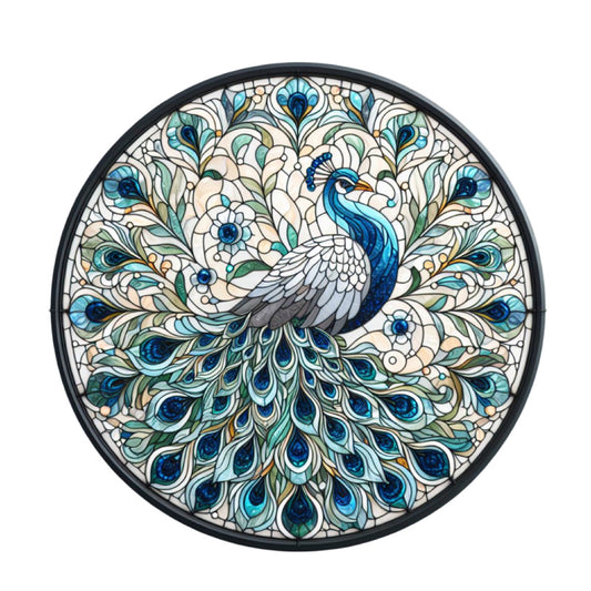 Stained Glass Peacocks Fabric Panel 4 with detailed blue and teal peacock design on premium quilting cotton fabric.