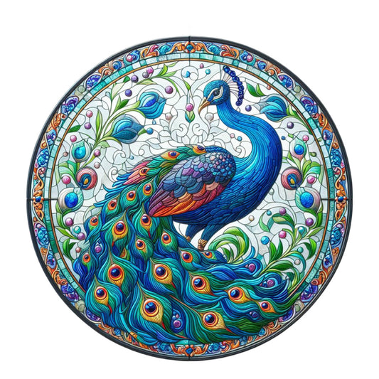 Stained Glass Peacocks Fabric Panel 5 featuring vibrant blue and green peacock with intricate floral quilt cotton design.