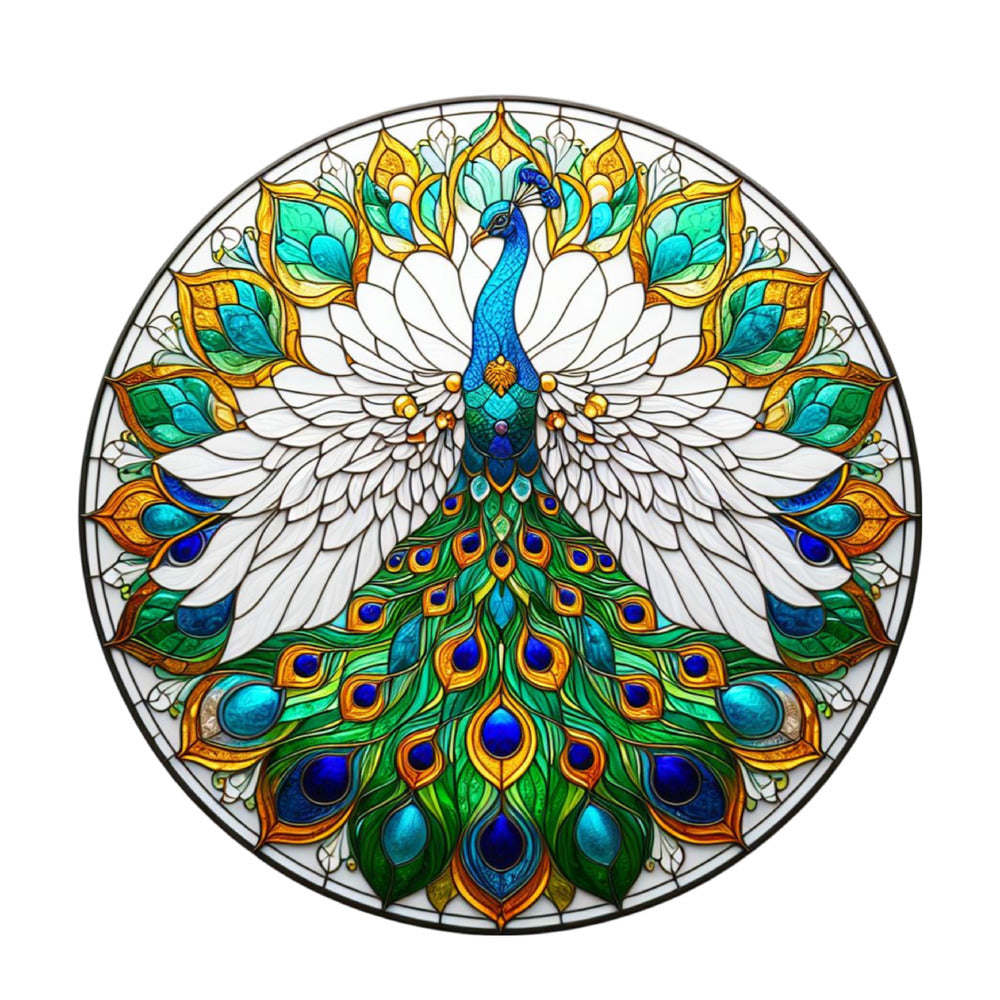 Stained Glass Peacocks Fabric Panel 6 features a vibrant peacock design with rich blues, greens, and gold on premium cotton.