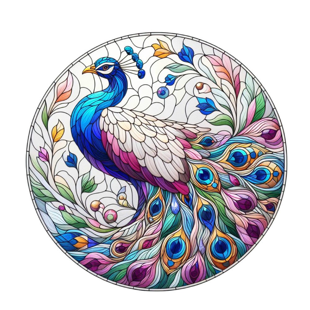 Stained Glass Peacocks Fabric Panel 8 features a vibrant, colorful peacock design inspired by stained glass art.