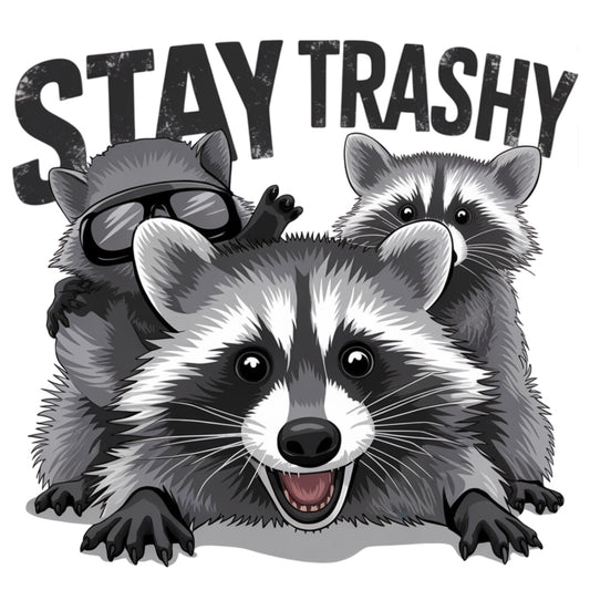 Stay Trashy Fabric Panel with three playful raccoons, one wearing sunglasses, in detailed black and white illustration.