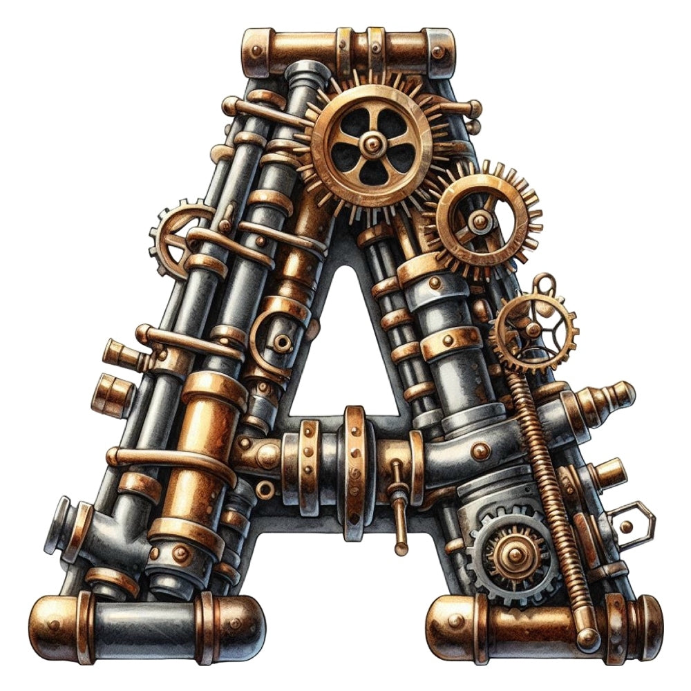 Steampunk Letter A Fabric Panel featuring detailed metallic gears and pipes design on premium quilting cotton.