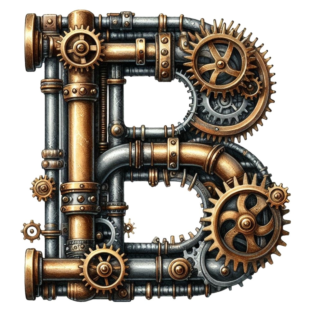 Steampunk Letter B Fabric Panel featuring intricate bronze and steel gears and pipes in vintage industrial style design.