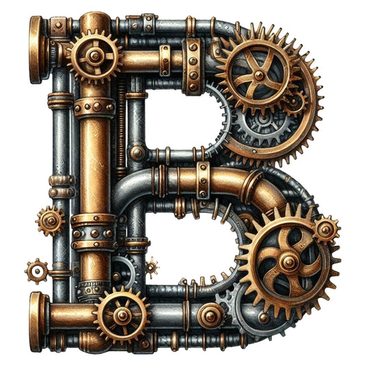 Steampunk Letter B Fabric Panel featuring intricate bronze and steel gears and pipes in vintage industrial style design.