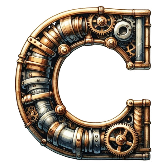Steampunk Letter C Fabric Panel featuring detailed metallic gears and pipes design printed on premium quilting cotton.
