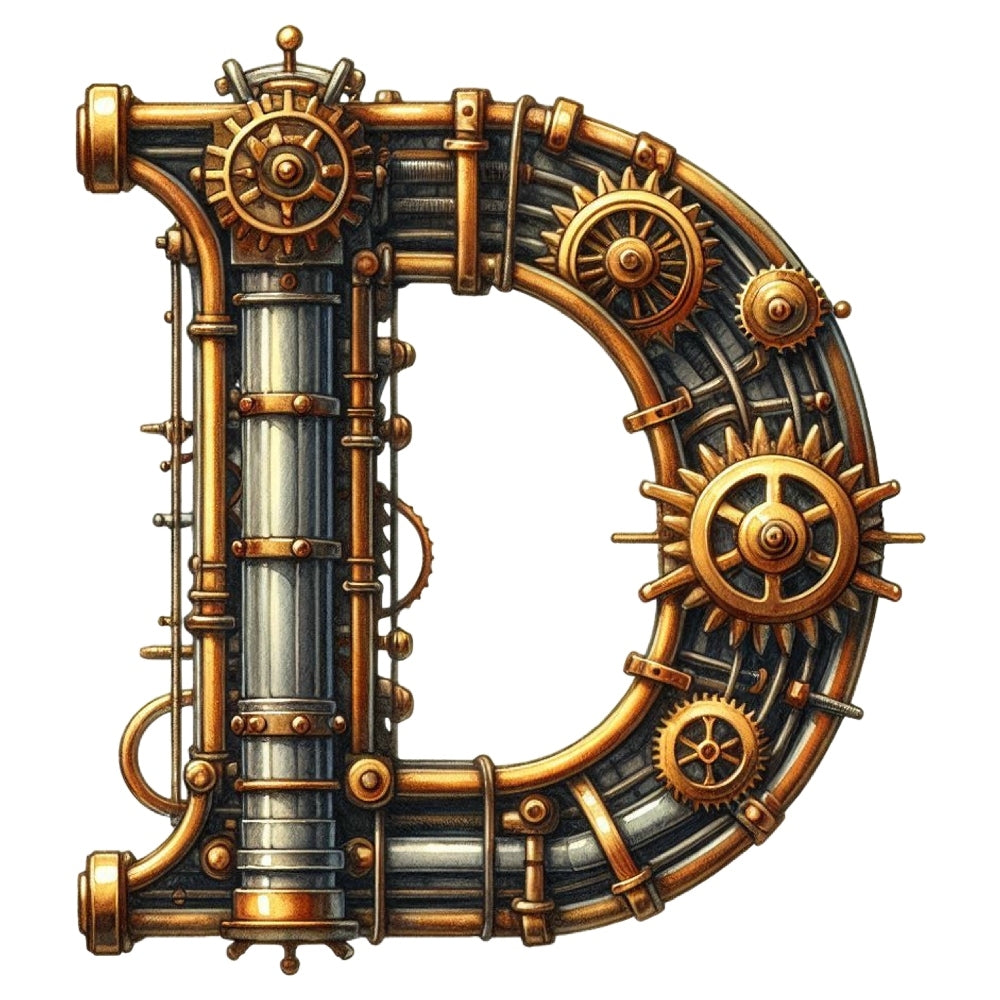 Steampunk Letter D Fabric Panel featuring intricate metallic gears and pipes design on premium quilting cotton fabric.
