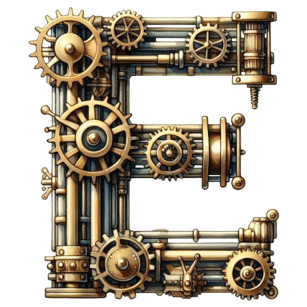 Steampunk Letter E Fabric Panel featuring intricate bronze gears and pipes in a detailed industrial design on premium quilting cotton.