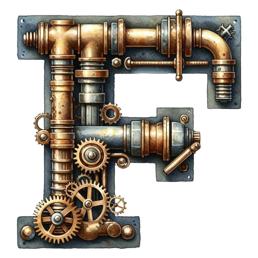 Steampunk Letter F Fabric Panel featuring detailed bronze gears and pipes in industrial vintage design on premium quilting cotton.