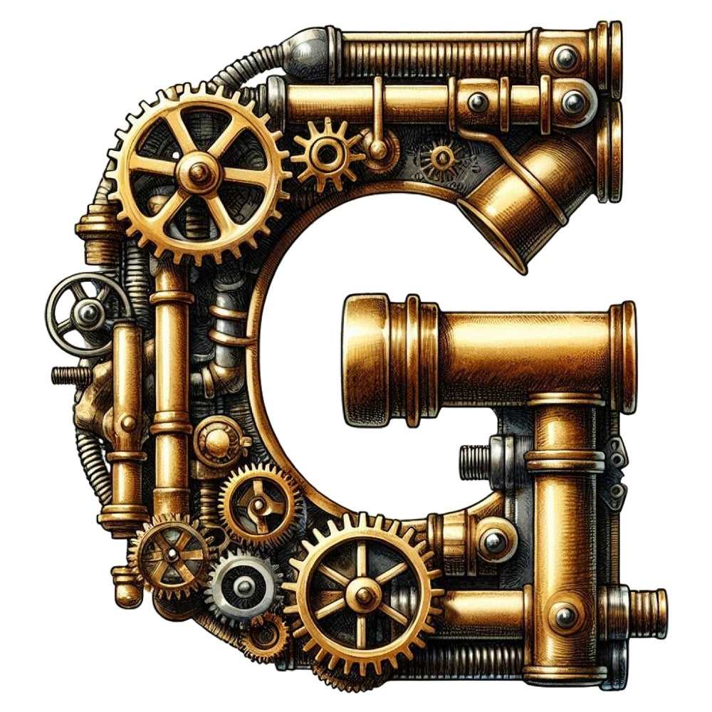 Steampunk Letter G Fabric Panel featuring detailed copper gears and pipes printed on premium quilting cotton in the USA.