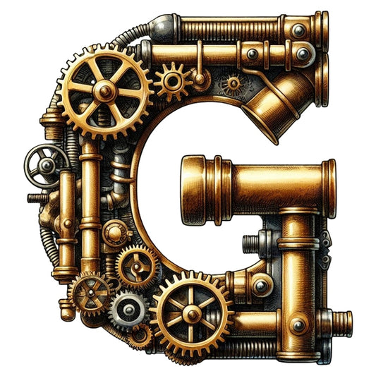 Steampunk Letter G Fabric Panel featuring detailed copper gears and pipes printed on premium quilting cotton in the USA.