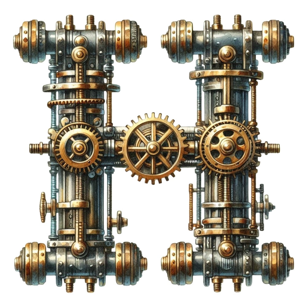 Steampunk Letter H Fabric Panel featuring intricate metallic gears and pipes design on premium quilting cotton.