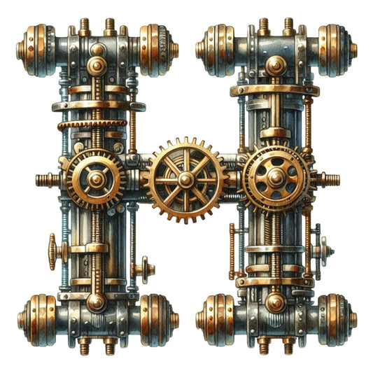 Steampunk Letter H Fabric Panel featuring intricate metallic gears and pipes design on premium quilting cotton.
