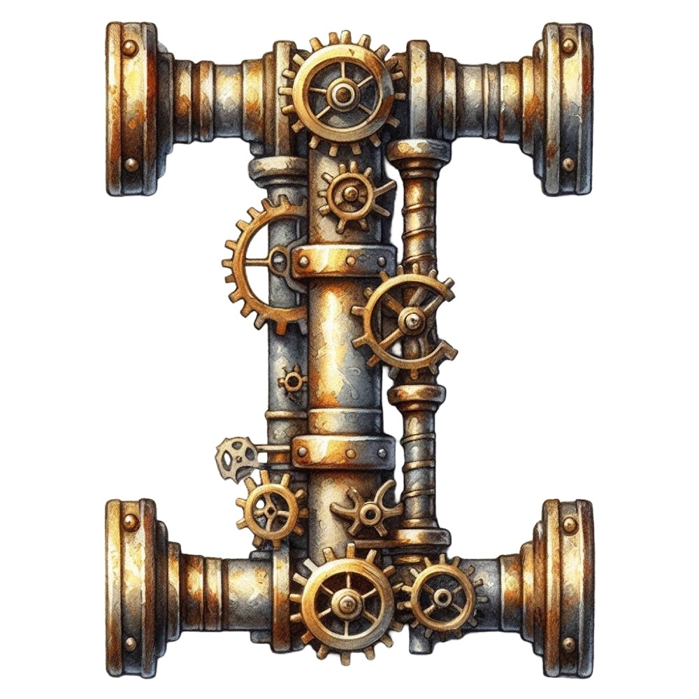 Steampunk Letter I Fabric Panel featuring intricate metallic gears and pipes design on premium quilting cotton.