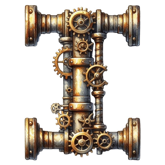 Steampunk Letter I Fabric Panel featuring intricate metallic gears and pipes design on premium quilting cotton.