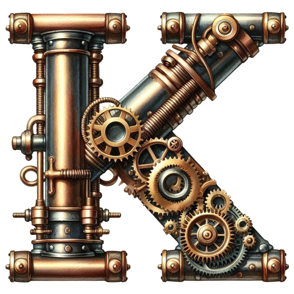 Steampunk Letter K Fabric Panel featuring detailed bronze gears and pipes design on premium quilting cotton fabric.