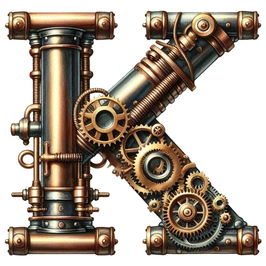 Steampunk Letter K Fabric Panel featuring detailed bronze gears and pipes design on premium quilting cotton fabric.