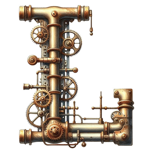 Steampunk Letter L Fabric Panel featuring intricate metallic gears and pipes design on premium cotton quilting fabric.