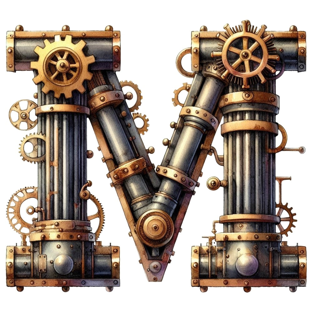 Steampunk Letter M Fabric Panel featuring intricate gears and metallic pipes, printed on premium quilting cotton in the USA.
