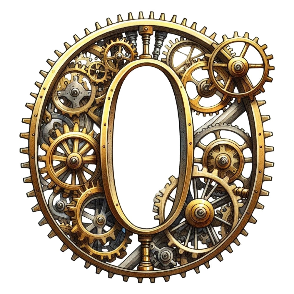 Steampunk Letter O Fabric Panel featuring intricate golden gears and cogs on 100% premium quilting cotton.