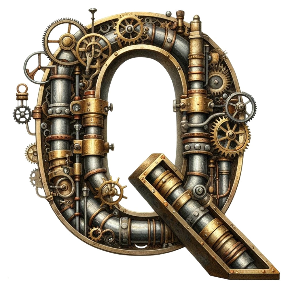 Steampunk Letter Q Fabric Panel featuring intricate gears and pipes design, printed on premium quilting cotton in the USA.
