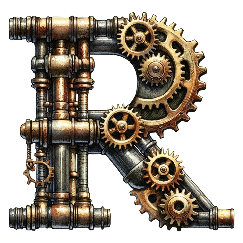 Steampunk Letter R Fabric Panel featuring intricate bronze gears and industrial pipes in a vintage mechanical design.