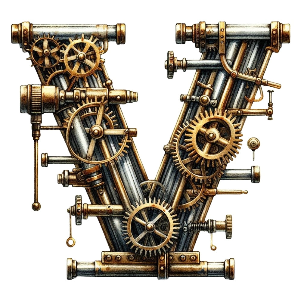 Steampunk Letter V Fabric Panel featuring detailed metallic gears and pipes design printed on premium quilting cotton.
