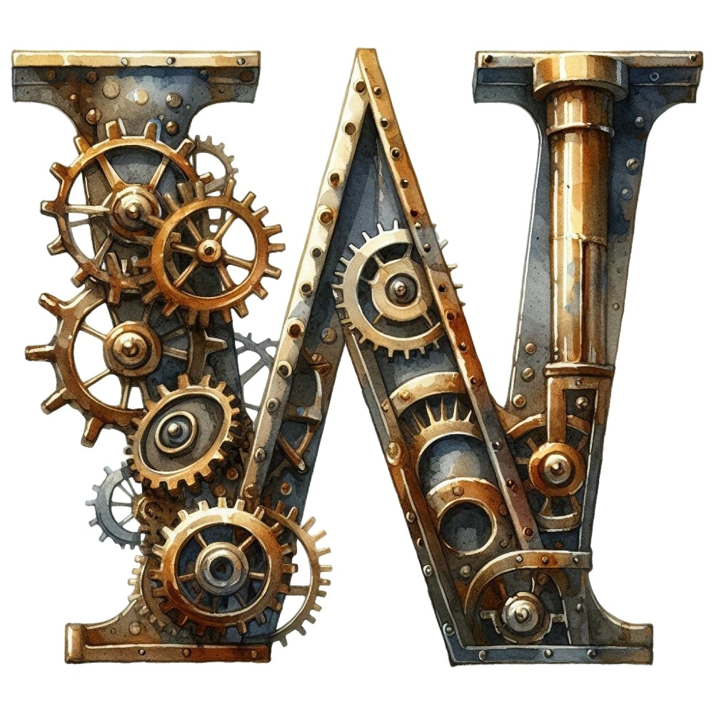 Steampunk Letter W Fabric Panel featuring intricate metal gears and bolts printed on premium quilting cotton.
