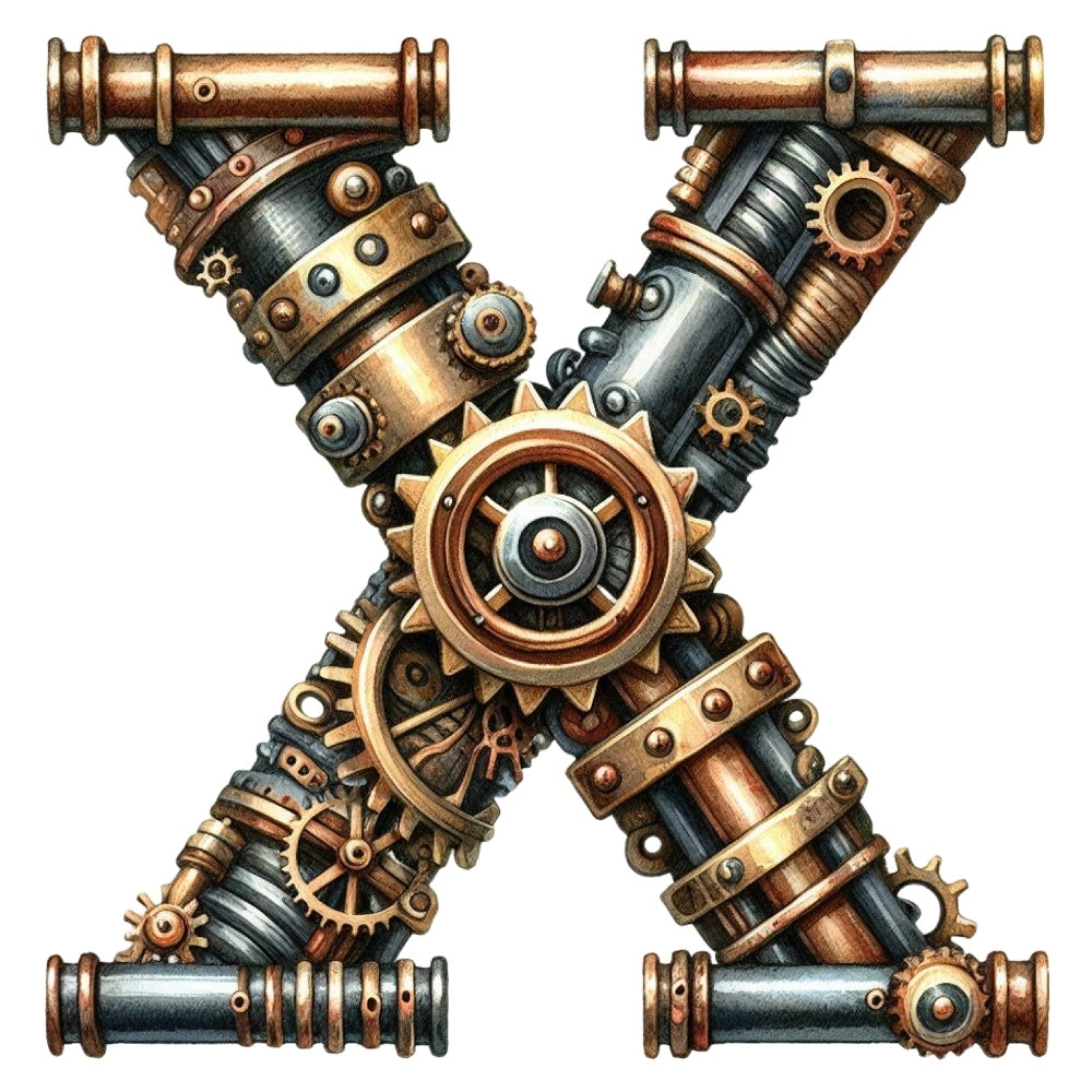 Steampunk Letter X Fabric Panel featuring intricate gears and pipes, printed on premium quilting cotton in the USA.