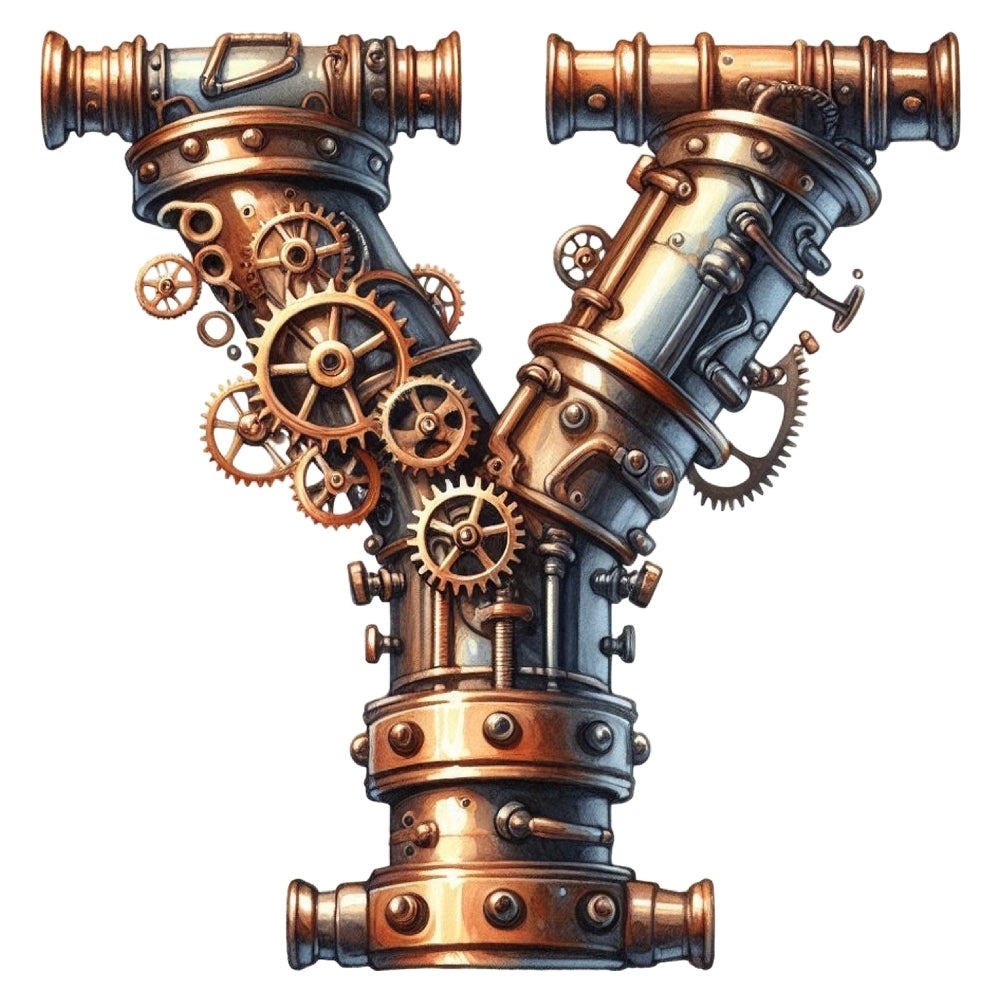 Steampunk Letter Y Fabric Panel featuring intricate metallic gears and pipes design in vintage industrial style.