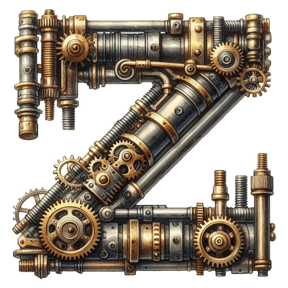 Steampunk Letter Z Fabric Panel featuring intricate metallic gears and pipes design on premium quilting cotton.