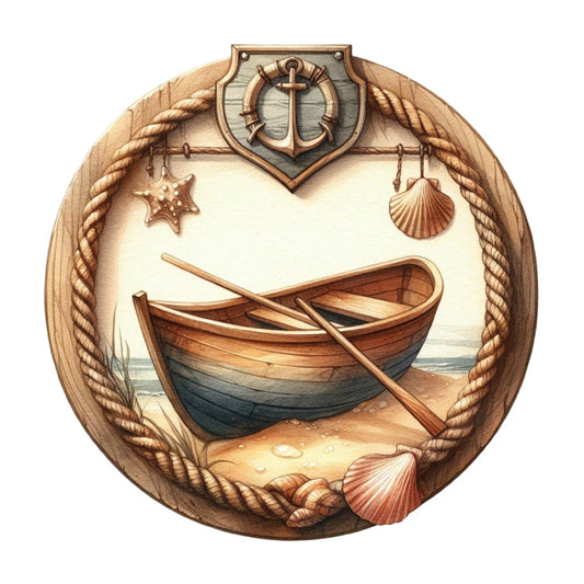Summer Beach Round Fabric Panel 1 featuring a wooden rowboat on sandy beach with seashells and nautical rope border.