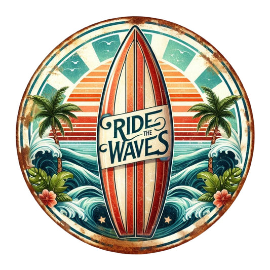 Summer Beach Round Fabric Panel 10 featuring vintage surfboard and tropical waves on premium quilting cotton.