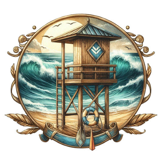 Summer Beach Round Fabric Panel 11 featuring a lifeguard tower with ocean waves and seagulls in premium quilting cotton.