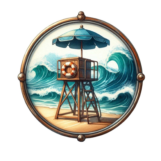 Summer Beach Round Fabric Panel 12 featuring a lifeguard tower and ocean waves printed on premium quilting cotton.