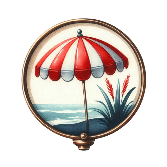 Summer Beach Round Fabric Panel 14 featuring a red and white striped umbrella by the ocean with plants, printed on premium quilting cotton.