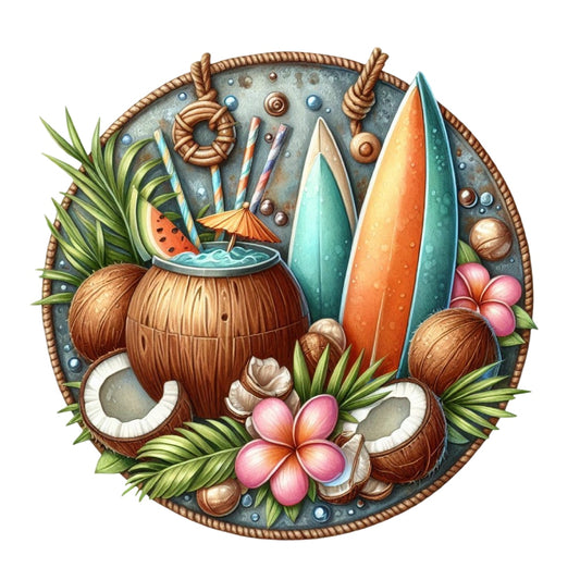 Summer Beach Round Fabric Panel 15 showcasing tropical coconuts, surfboards, flowers, and palm leaves in vibrant summer colors.