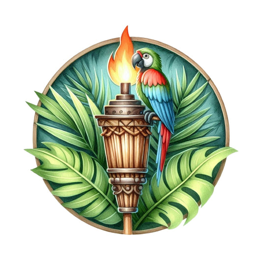 Summer Beach Round Fabric Panel 16 featuring a colorful parrot on a tiki torch surrounded by tropical leaves on premium quilting cotton.