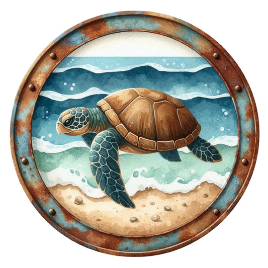 Summer Beach Round Fabric Panel 17 features a detailed sea turtle swimming by waves, printed on premium quilting cotton fabric.