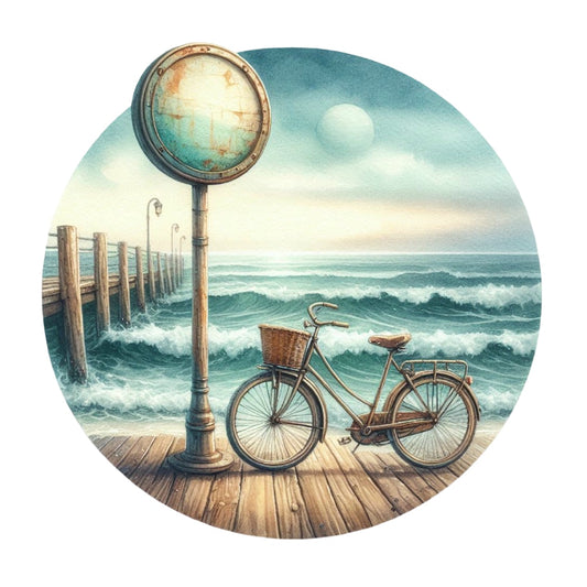 Summer Beach Round Fabric Panel 18 showing a vintage bike on a wooden pier with ocean waves under a cloudy sky.