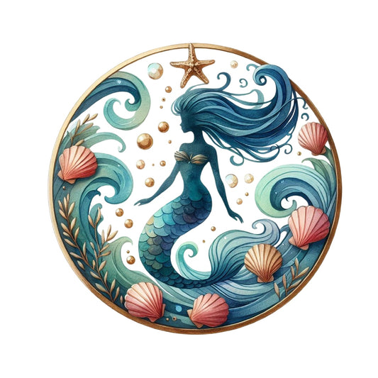 Summer Beach Round Fabric Panel 19 featuring a mermaid with flowing hair, seashells, starfish, and underwater waves in premium quilting cotton.