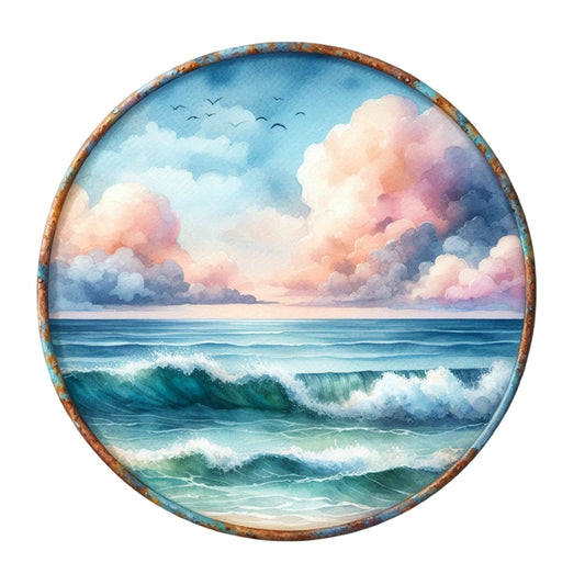 Summer Beach Round Fabric Panel 2 featuring premium quilting cotton with a serene ocean wave and vibrant sky scene.