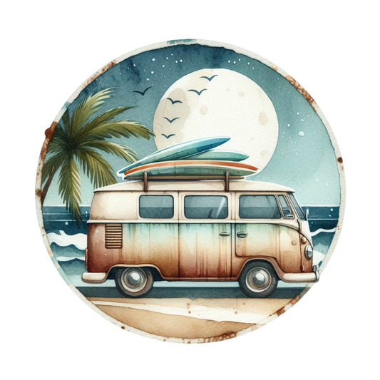 Summer Beach Round Fabric Panel 20 featuring vintage van with surfboards, palm tree, ocean waves, and full moon night scene.