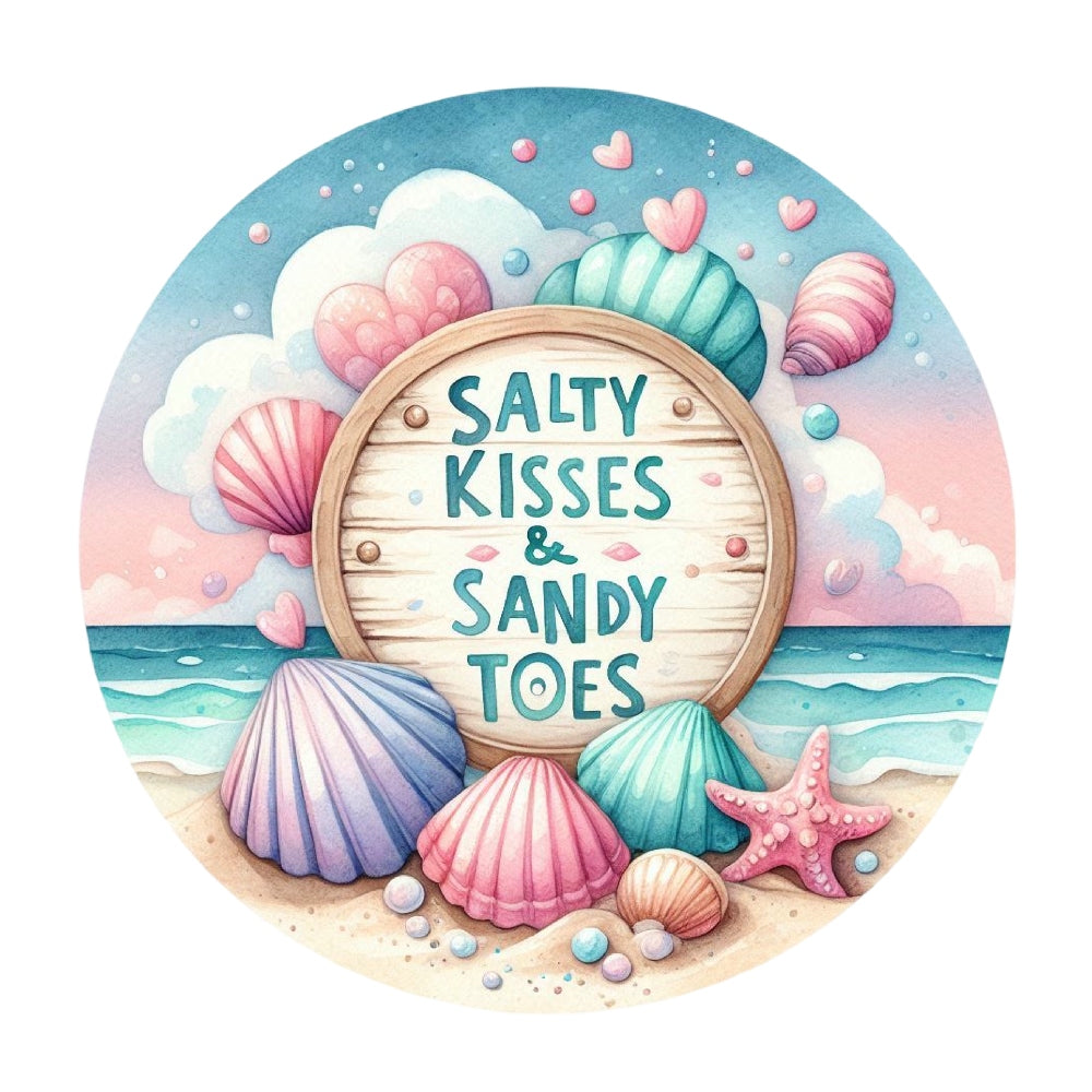 Summer Beach Round Fabric Panel 21 featuring colorful seashells, starfish, and a wooden sign with "Salty Kisses & Sandy Toes" text.