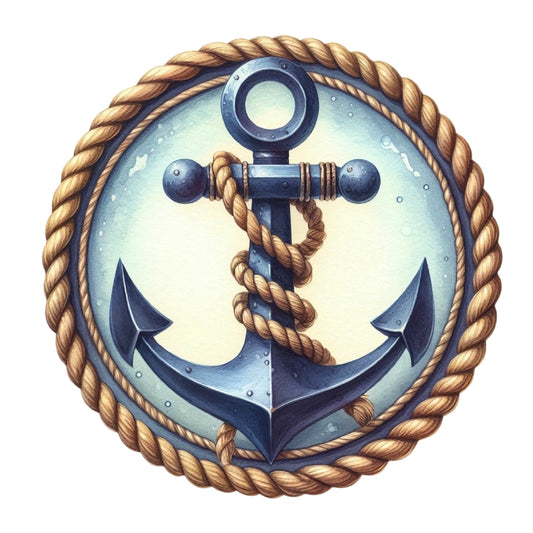 Summer Beach Round Fabric Panel 22 features a detailed blue anchor wrapped in rope, printed on premium quilting cotton fabric.