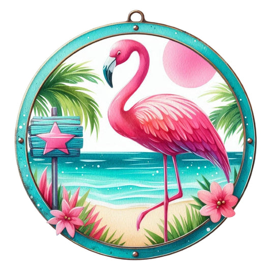 Summer Beach Round Fabric Panel 23 featuring vibrant flamingo and tropical beach scene on premium quilting cotton fabric.