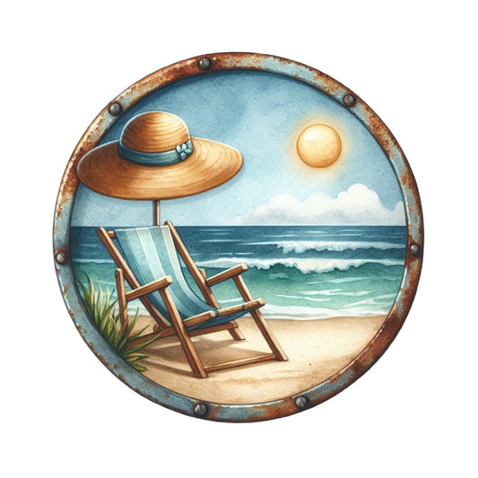 Summer Beach Round Fabric Panel 26 shows a serene beach scene with chair, sunhat, and ocean under bright sun.