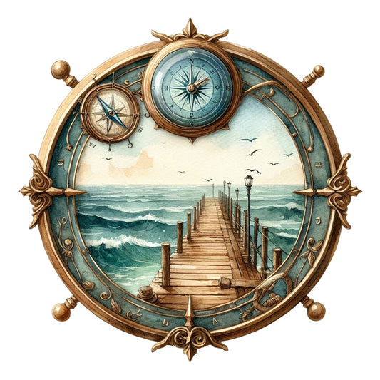 Summer Beach Round Fabric Panel 29 featuring a nautical compass design with ocean pier and waves in premium quilting cotton.